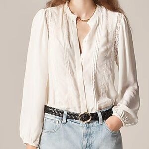 NWT J Crew Lace Trim Pintuck Top in Crepe de Chine, Ecru, Size 8